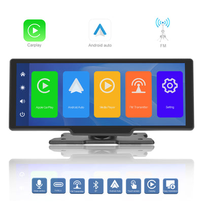 Wireless Apple Carplay Portable Car Stereo Android Auto 10.26 inch HD Touchscreen Portable CarPlay Screen with Siri Bluetooth Rear Camera Voice Control 32G TF Card 9V-36V