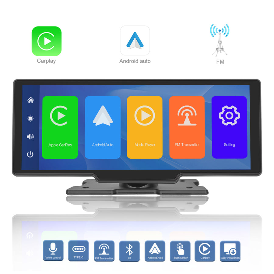 Wireless Apple Carplay Portable Car Stereo Android Auto 10.26 inch HD Touchscreen Portable CarPlay Screen with Siri Bluetooth Rear Camera Voice Control 32G TF Card 9V-36V