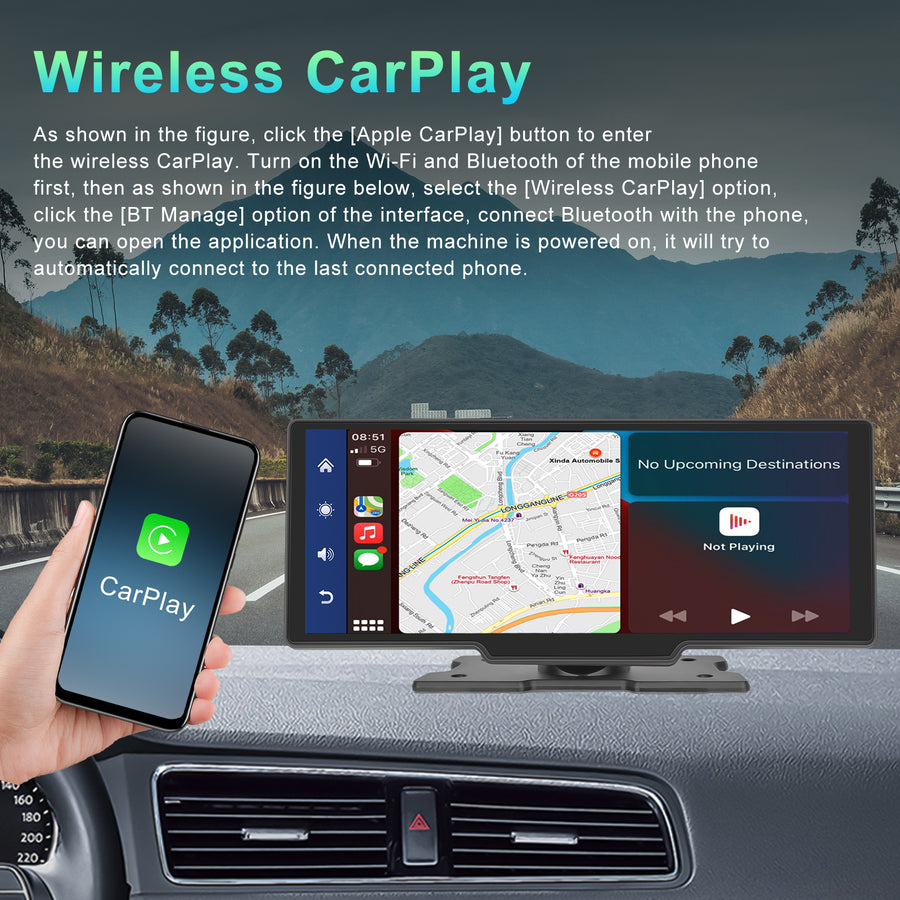 Wireless Apple Carplay Portable Car Stereo Android Auto 10.26 inch HD Touchscreen Portable CarPlay Screen with Siri Bluetooth Rear Camera Voice Control 32G TF Card 9V-36V