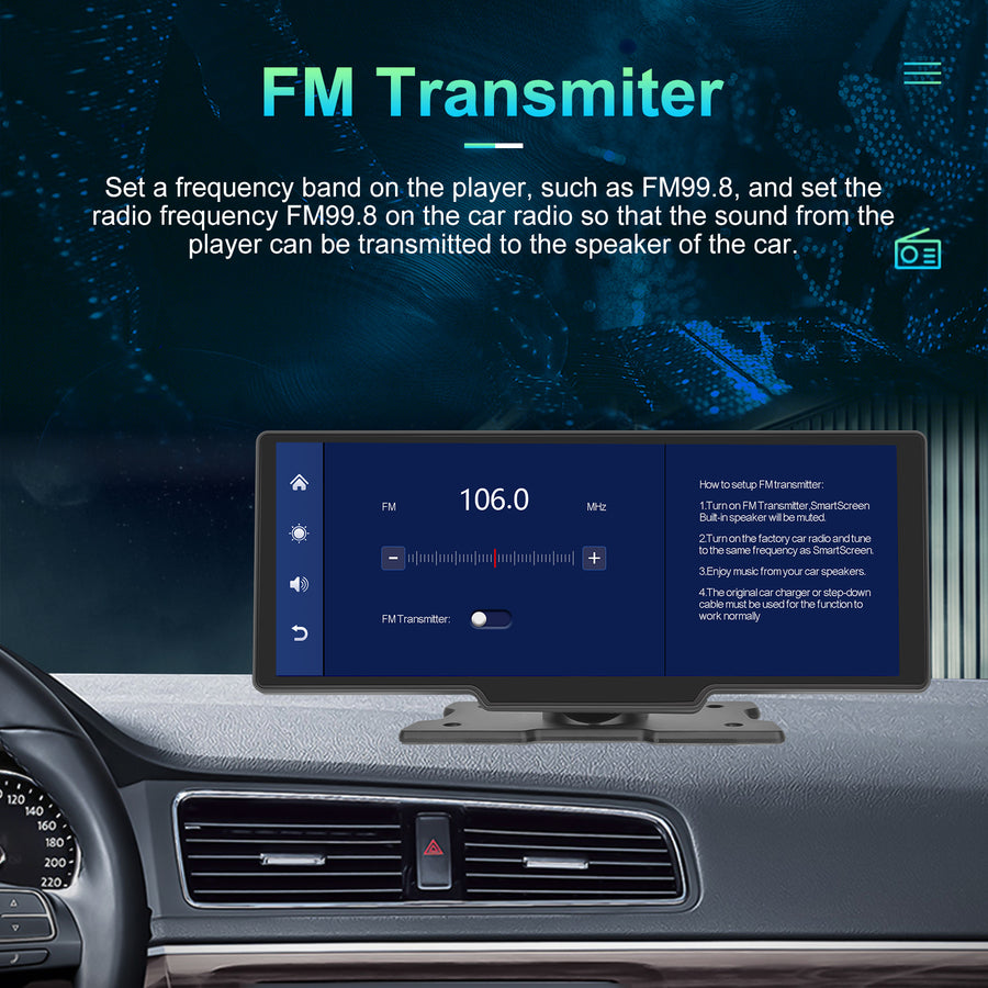 Wireless Apple Carplay Portable Car Stereo Android Auto 10.26 inch HD Touchscreen Portable CarPlay Screen with Siri Bluetooth Rear Camera Voice Control 32G TF Card 9V-36V