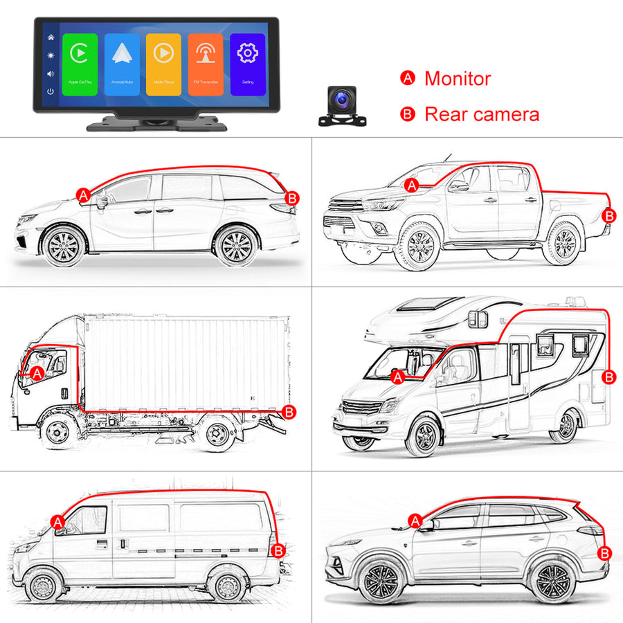 Wireless Apple Carplay Portable Car Stereo Android Auto 10.26 inch HD Touchscreen Portable CarPlay Screen with Siri Bluetooth Rear Camera Voice Control 32G TF Card 9V-36V