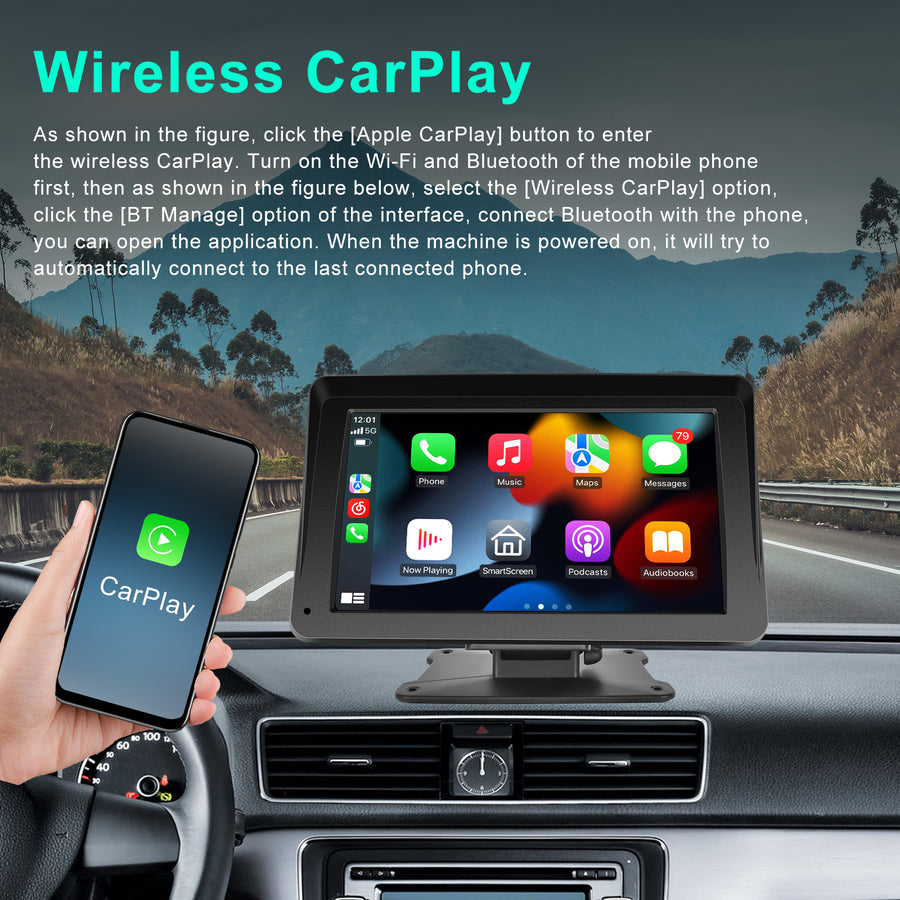 7 Inch Portable Wireless Apple Carplay Car Stereo, Car Radio in Dash Navigation Smart Player with/Bluetooth Mirror Link/Airplay/FM Transmitter/Voice Control/TF Card, for All Vehicles